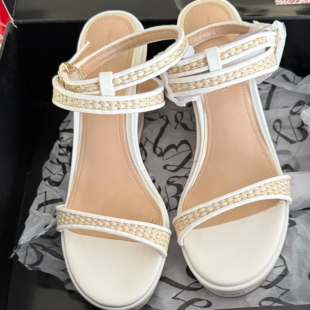 White House Black Market Woven Wedge Sandals - Cream and Tan